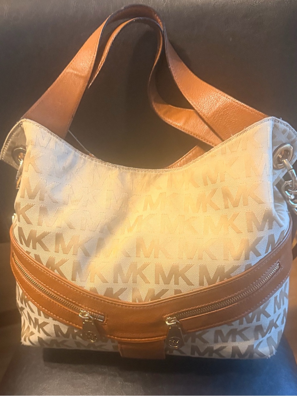 Michael Kors Jamesport Cream and Tan Logo Hobo Bag
